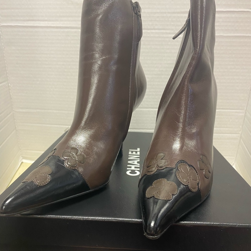 CHANEL Brown and Black Leather Ankle Boots